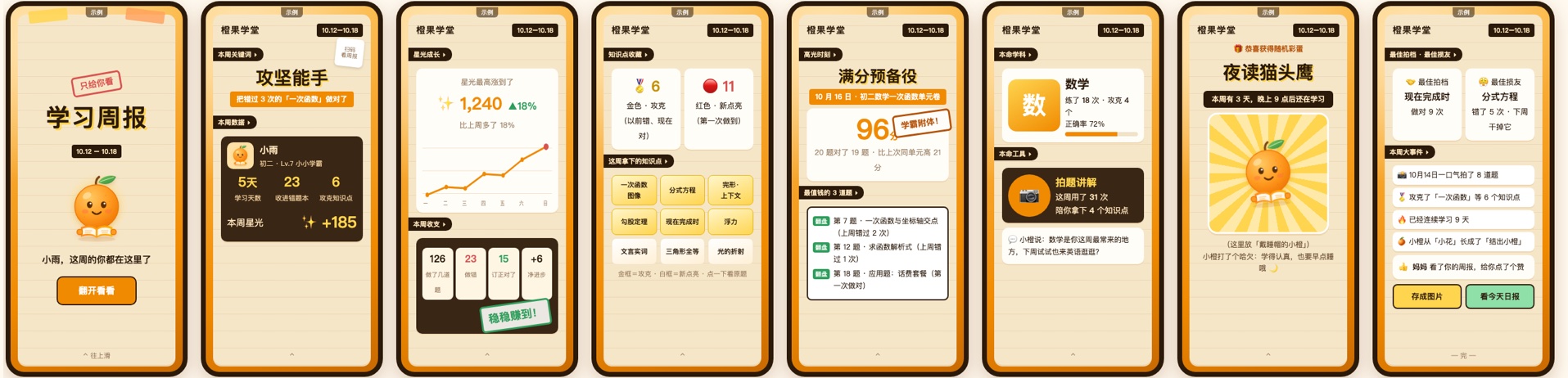学习周报 8 页样例：封面、本周关键词、星光成长、知识点收藏、高光时刻、本命学科、随机彩蛋、本周大事件